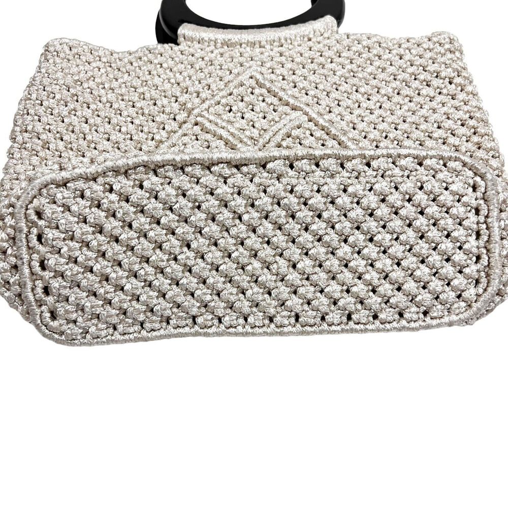 NEW Hand Woven Knit Macrame Large Bag Ivory Wood Handles Pockets Lined Magnetic - Picture 5 of 10